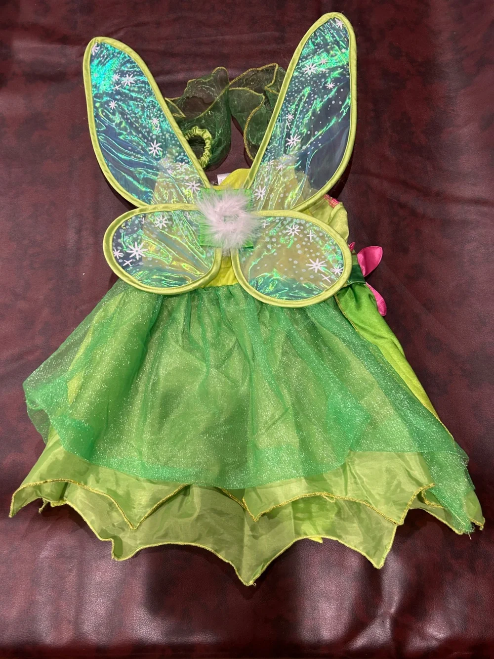 Disney Tinker Bell Green Fairy Costume Dress with Pink Flower Accent